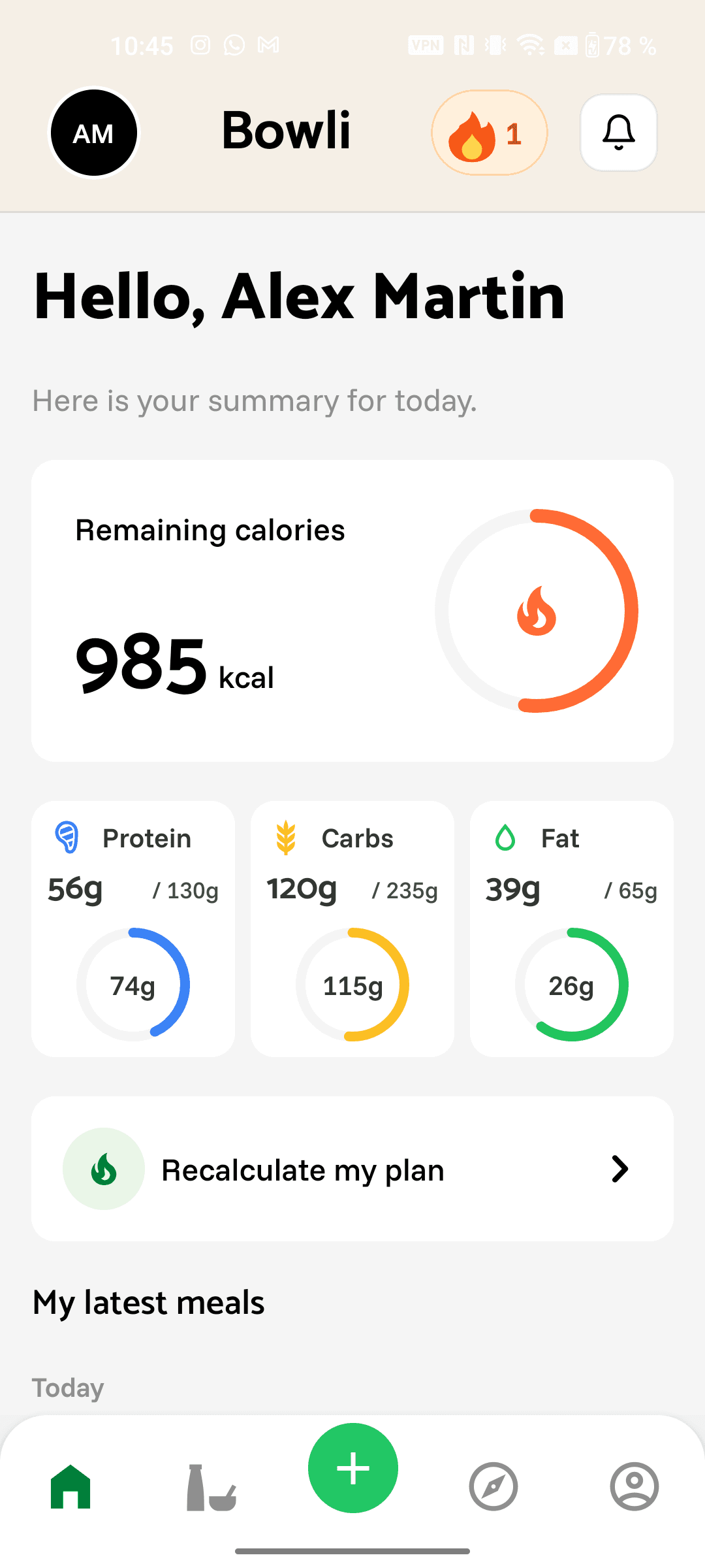 Accueil de Bowli : résumé du jour, calories et suivi des macronutriments.