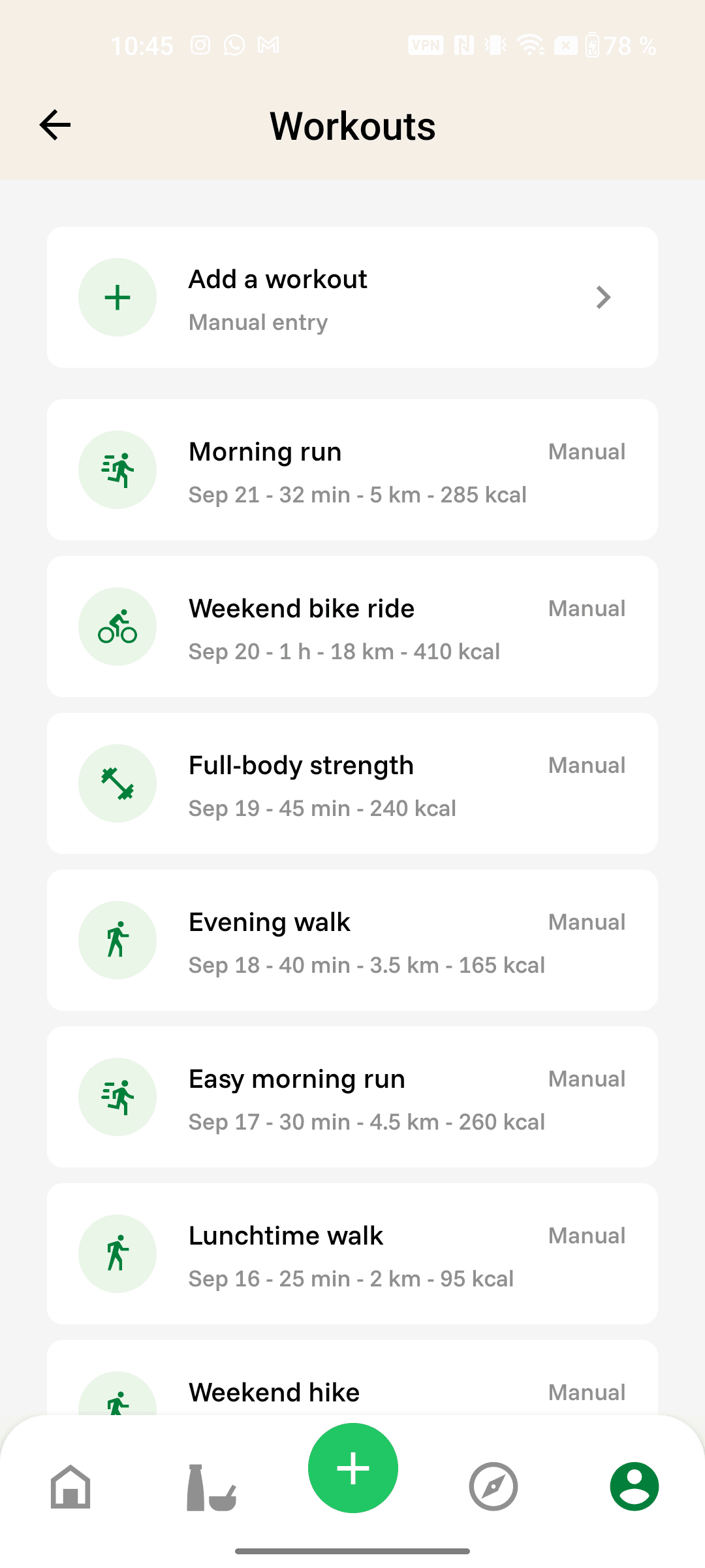 Vraie capture Bowli : liste des séances de course, vélo et musculation.